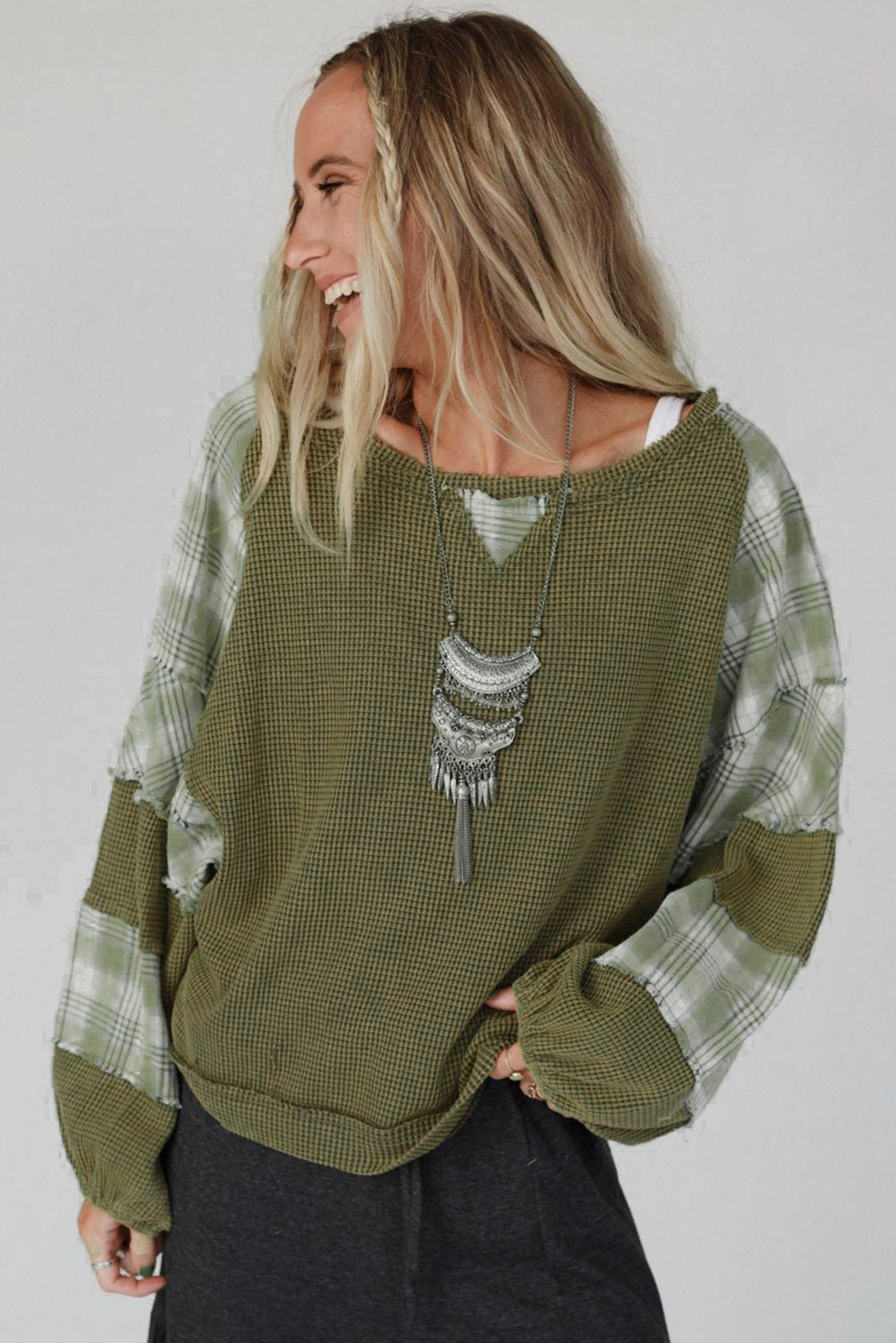 White Plaid Patch Waffle Knit Long Sleeve Top