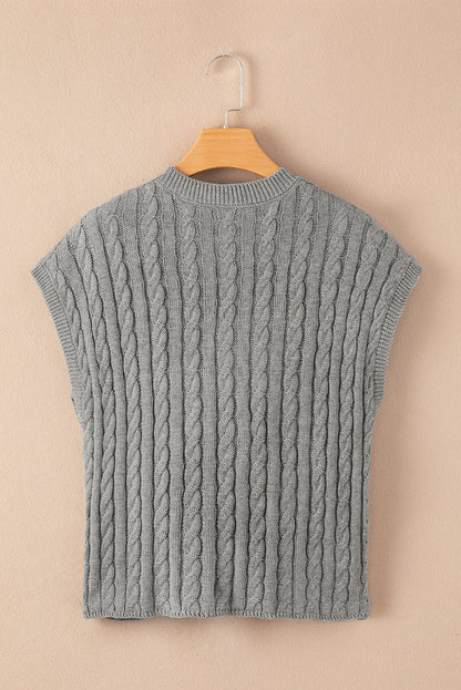 Gray Solid Cable Knit Short Sleeve Roun Neck Sweater