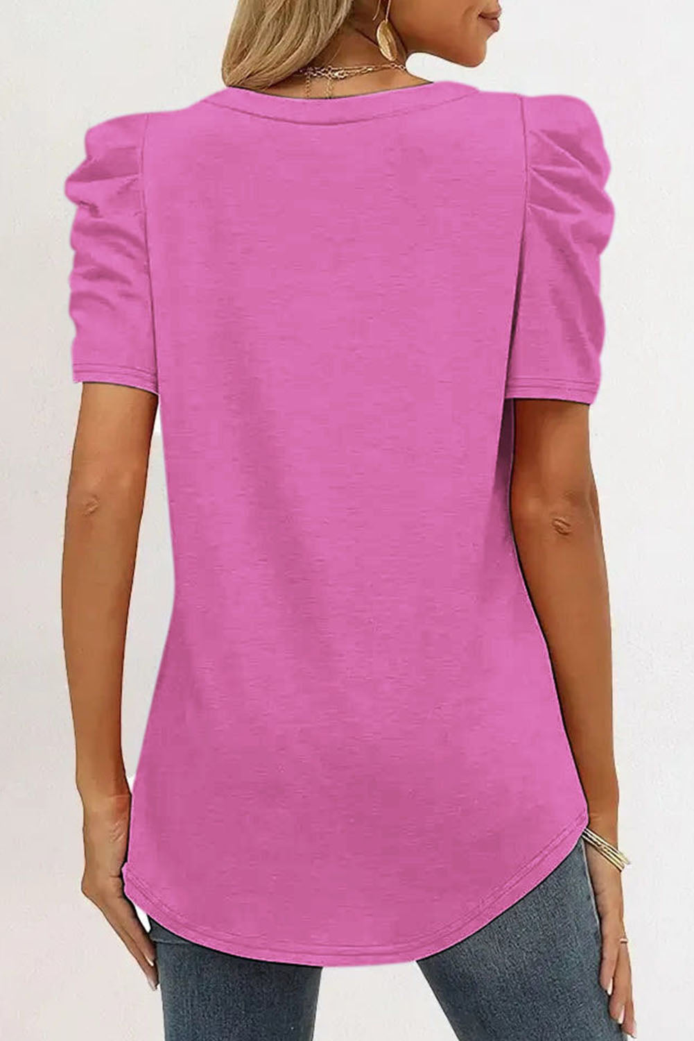 White Puff Sleeve Casual V Neck T-Shirt