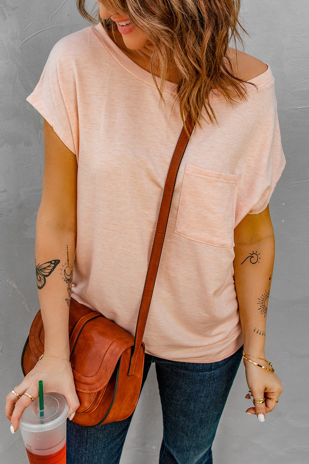 Pink Short Sleeve Basic T Shirt with Patch Pocket