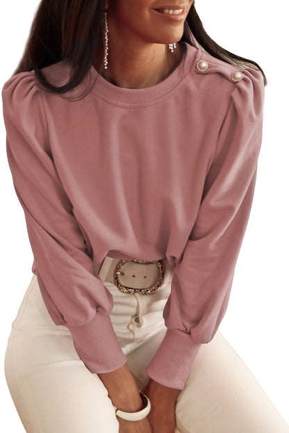 Rose Tan Button Detail Ruched Long Sleeve Top