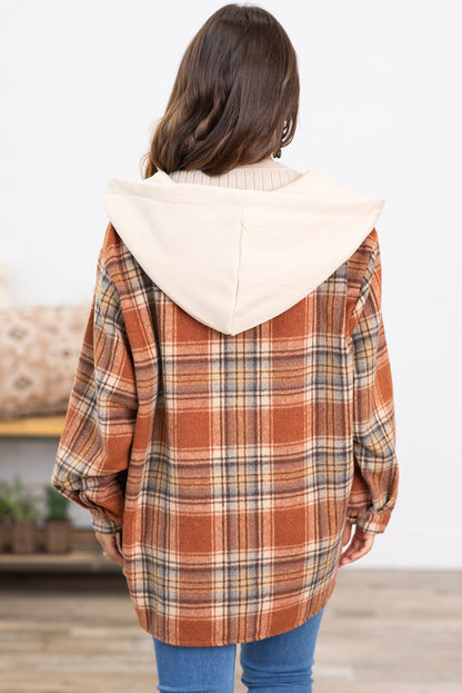 Multicolor Plaid Puff Sleeve Hooded Patchwork Shacket