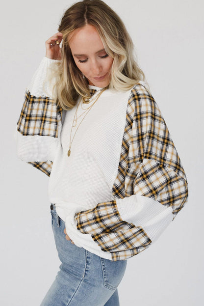 White Plaid Patch Waffle Knit Long Sleeve Top