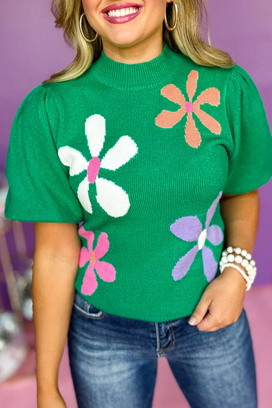 Bright Green Floral Bubble Short Sleeve Knit Top