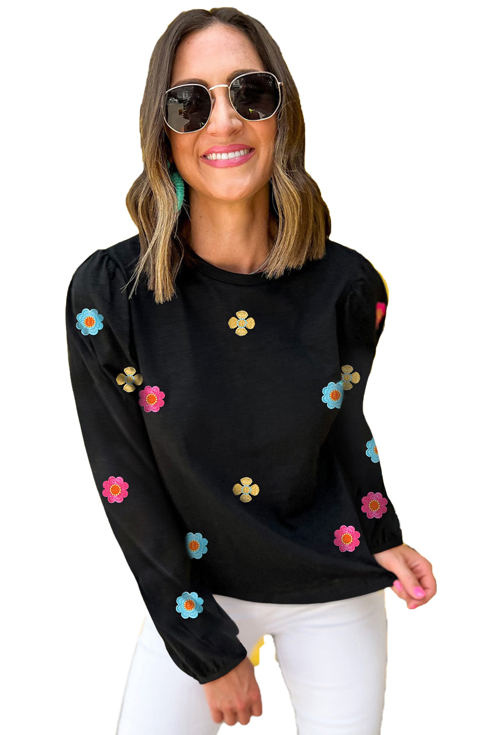 Grey Floral Embroidered Puff Sleeve Top