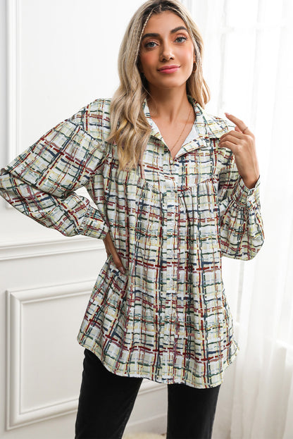 Multicolor Plaid Pleated Long Sleeve Shirt