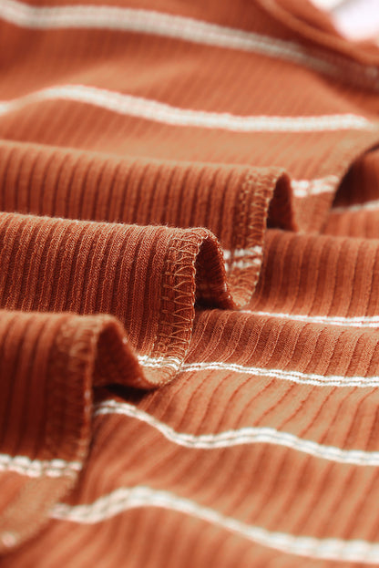 Brown Contrast Spliced Color Block Cuffs Rib Knit Top