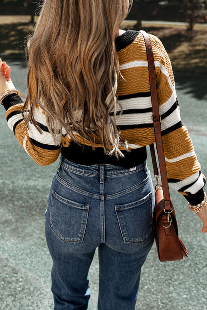 Bold Stripes Meet Comfort: Brown Colorblock V-Neck Sweater