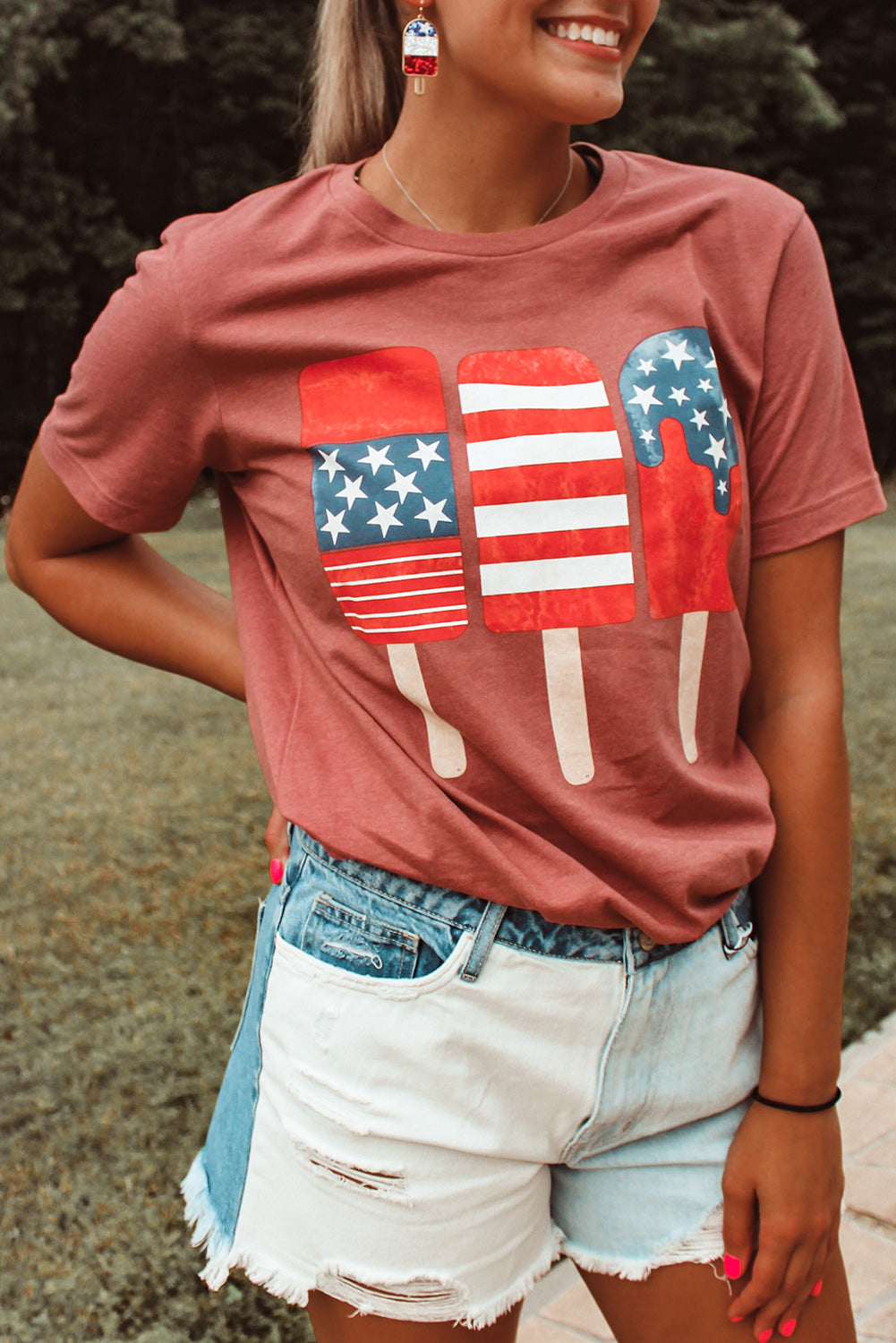 Red American Flag Popsicles Crew Neck Tee