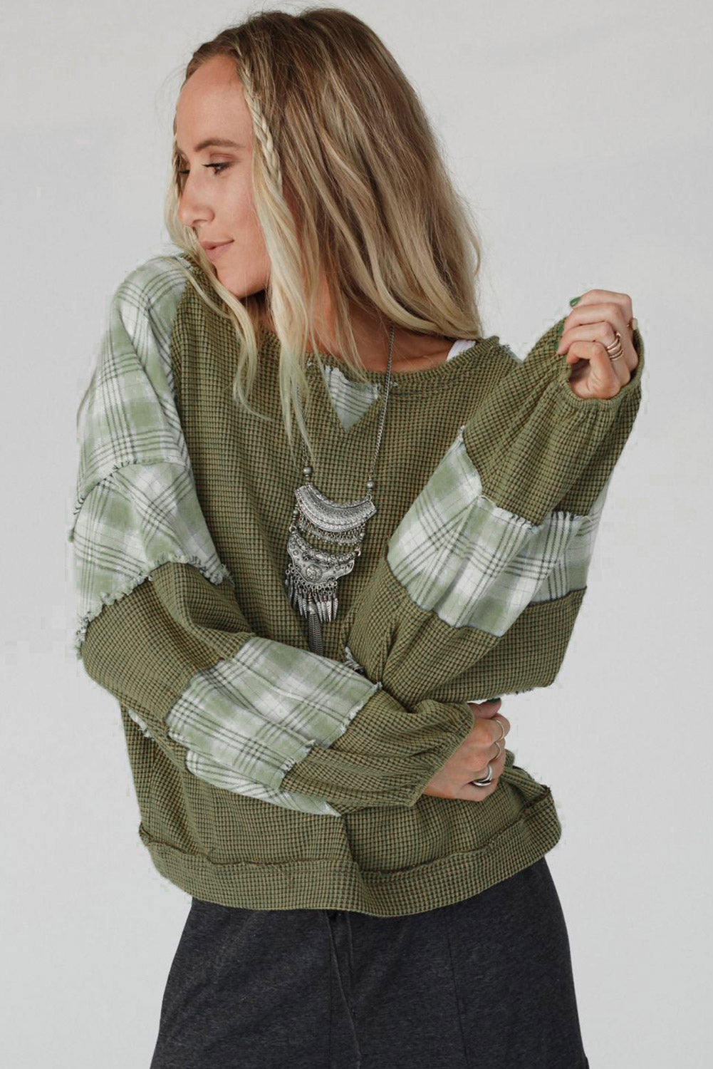 White Plaid Patch Waffle Knit Long Sleeve Top