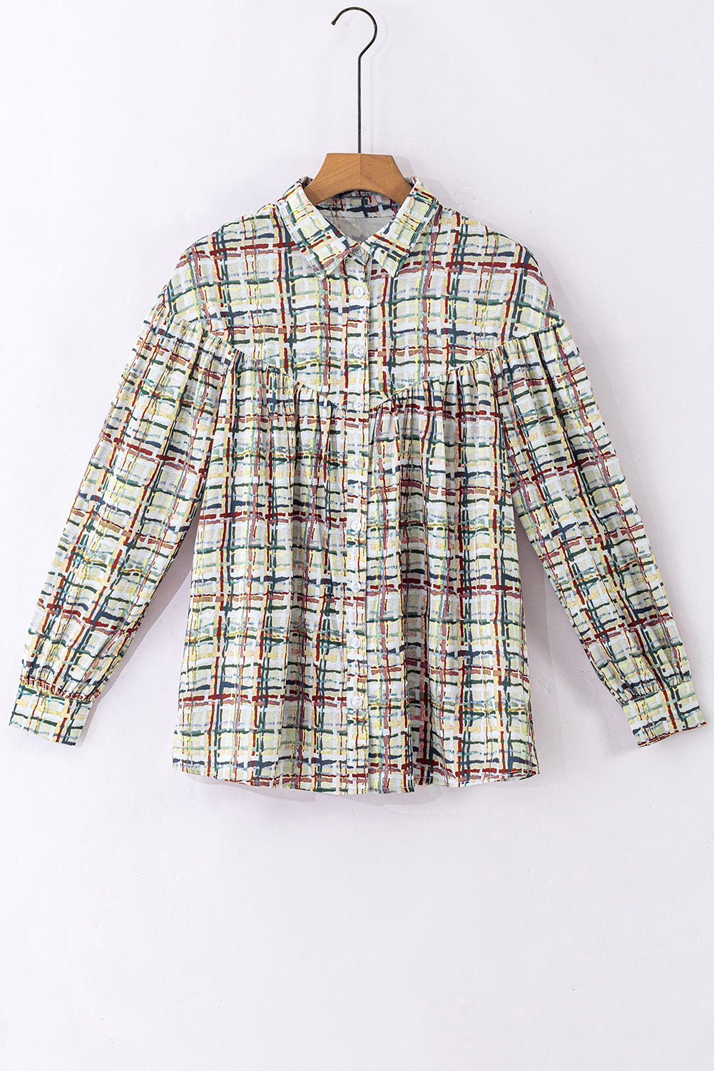 Multicolor Plaid Pleated Long Sleeve Shirt