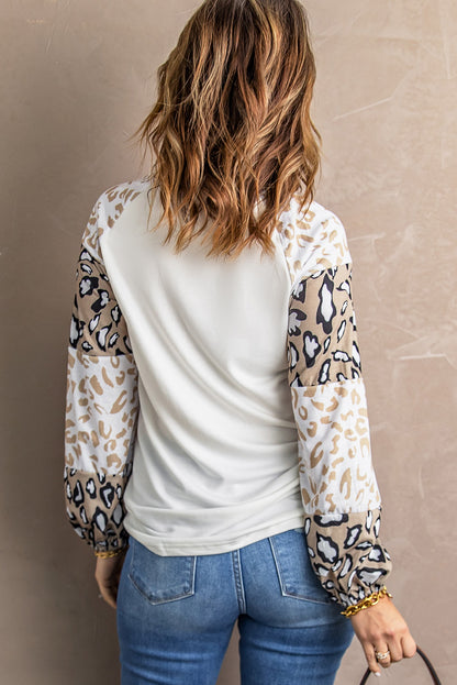 Ivory Cheetah Print Lantern Sleeve Crew Neck Raglan Shirt