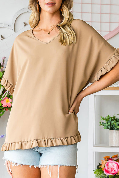 Khaki Ruffle Trim V Neck Short Sleeve Blouse