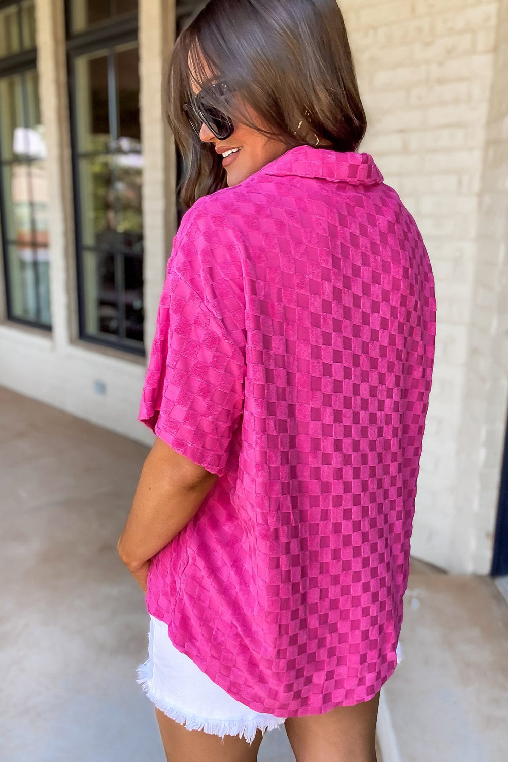 Bright Pink Lapel Neck Checkered Textured Shirt