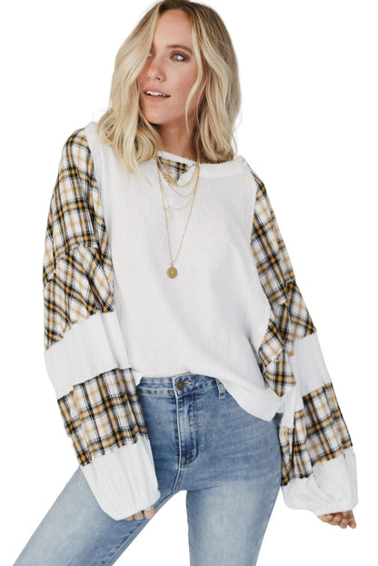 White Plaid Patch Waffle Knit Long Sleeve Top