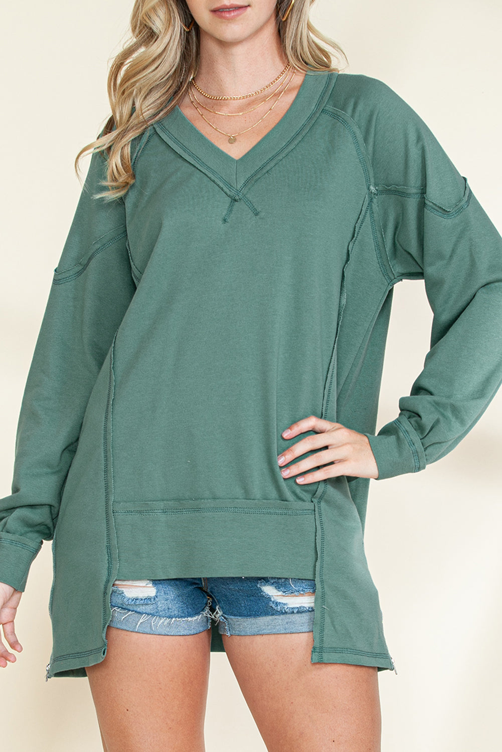 Green Stitching Seam Split V Neck Sweatshirt