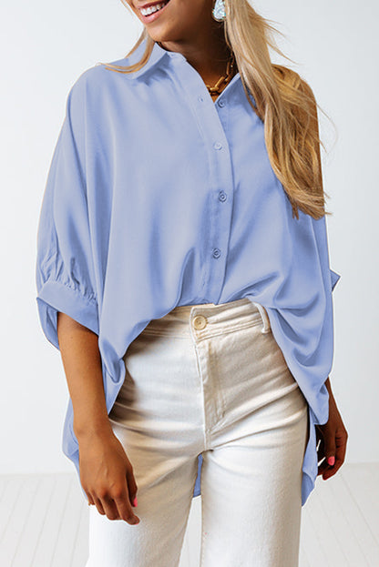 Sky Blue Plain 3/4 Batwing Sleeve Oversize Button Up Shirt