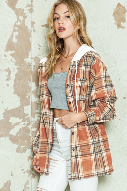 Multicolor Plaid Puff Sleeve Hooded Patchwork Shacket