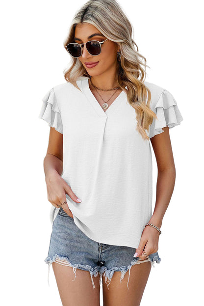 White V Neck Ruffle Short Sleeve Blouse