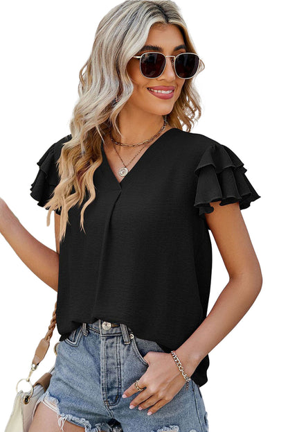 White V Neck Ruffle Short Sleeve Blouse