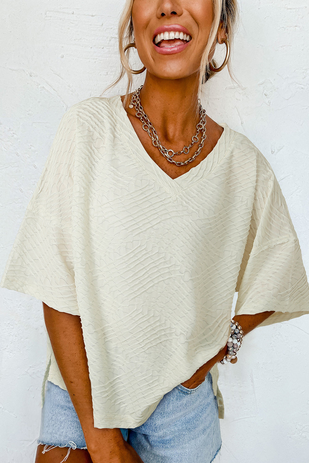 Beige Textured V Neck Split Hem T Shirt