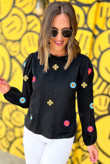 Grey Floral Embroidered Puff Sleeve Top