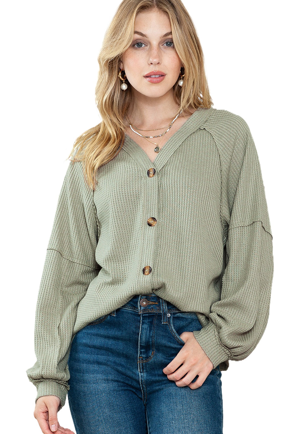 Khaki Exposed Seam Button Front Waffle Knit Cardigan