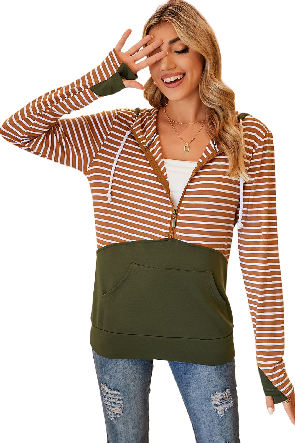 Orange Striped Patchwork Kangaroo Pocket Thumbhole Sleeve Hoodie