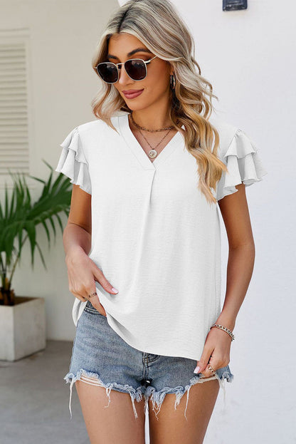 White V Neck Ruffle Short Sleeve Blouse