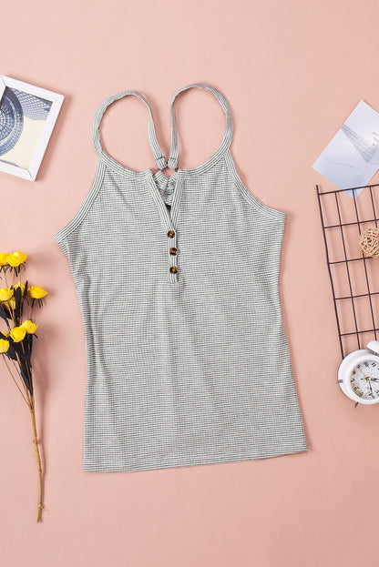 White Striped Casual Button Detail Camisole Top