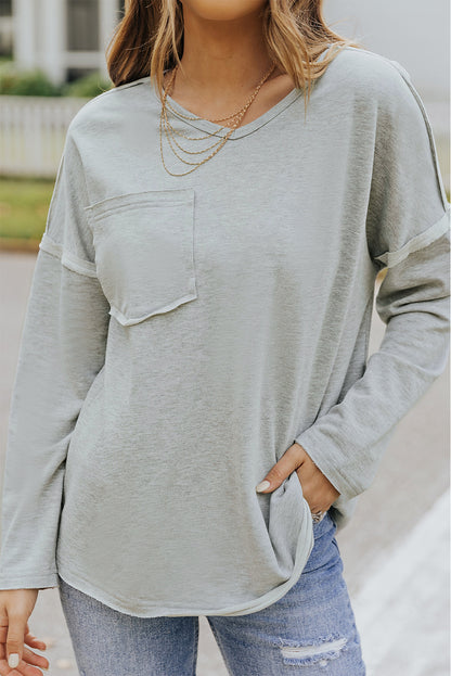 Grey V Neck Exposed Seam Drop Shoulder Long Sleeve Top