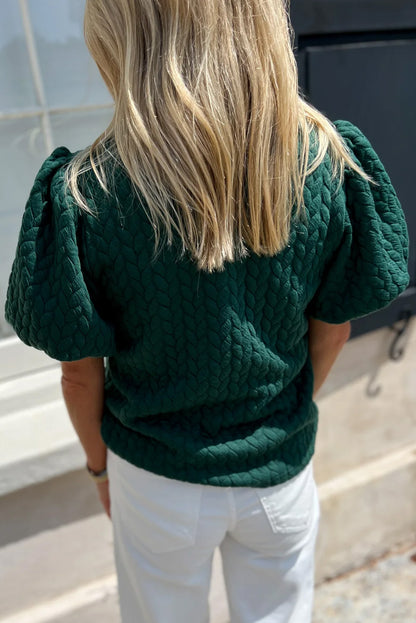 Green Solid Color Textured Puff Sleeve Top