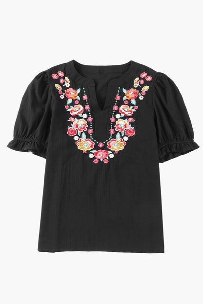 Black Floral Embroidered Boho Ruffle Puff Sleeve Blouse