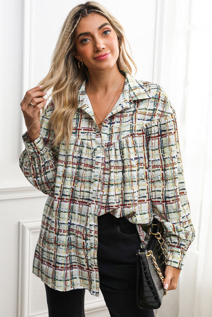 Multicolor Plaid Pleated Long Sleeve Shirt