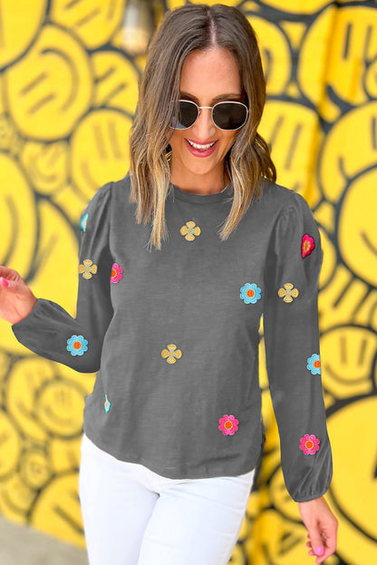 Grey Floral Embroidered Puff Sleeve Top