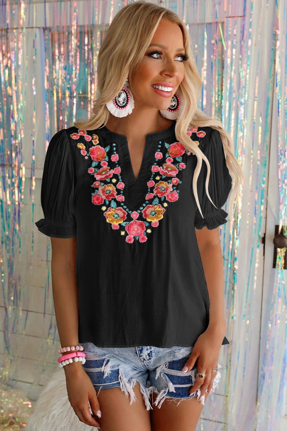 Black Floral Embroidered Boho Ruffle Puff Sleeve Blouse