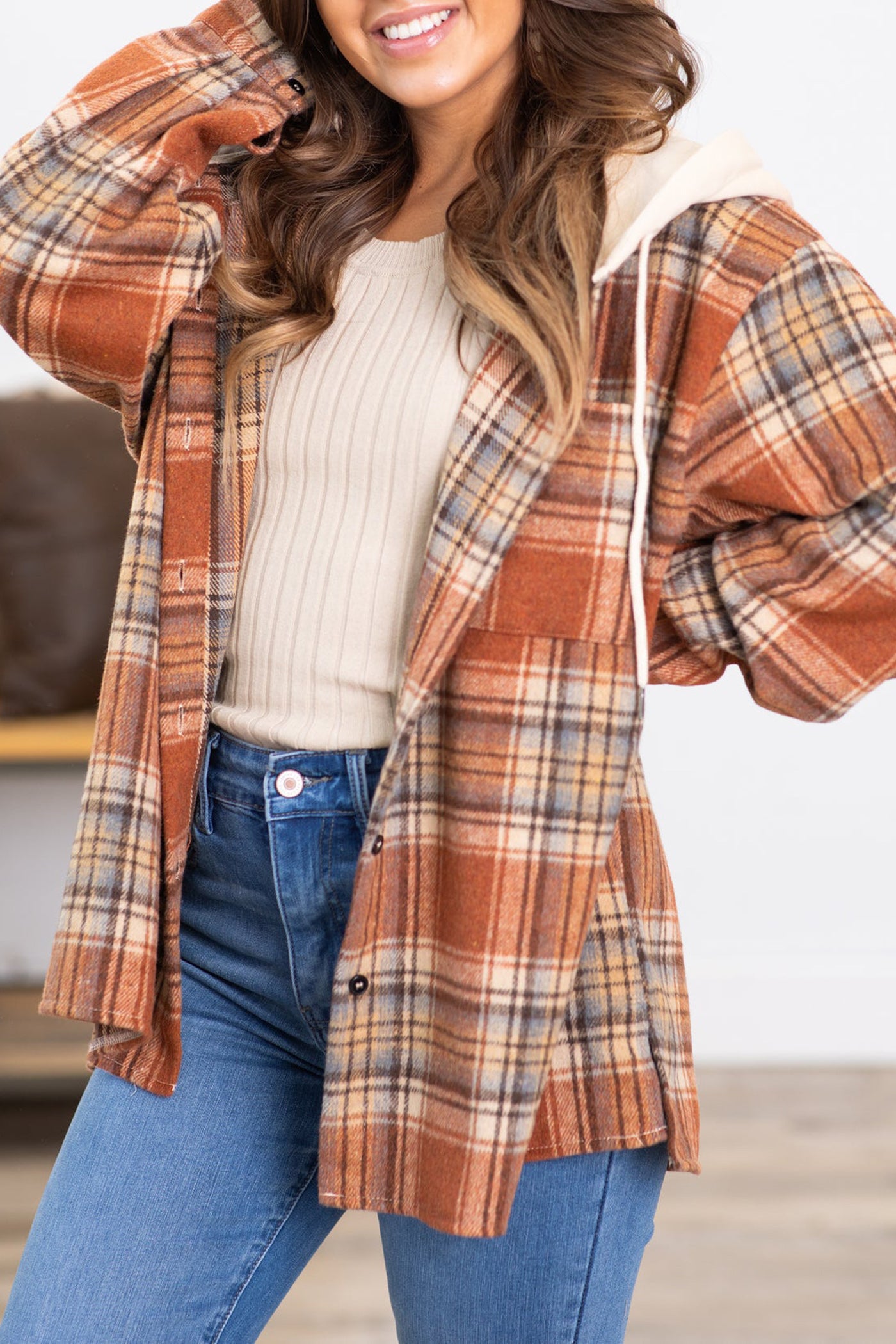 Multicolor Plaid Puff Sleeve Hooded Patchwork Shacket
