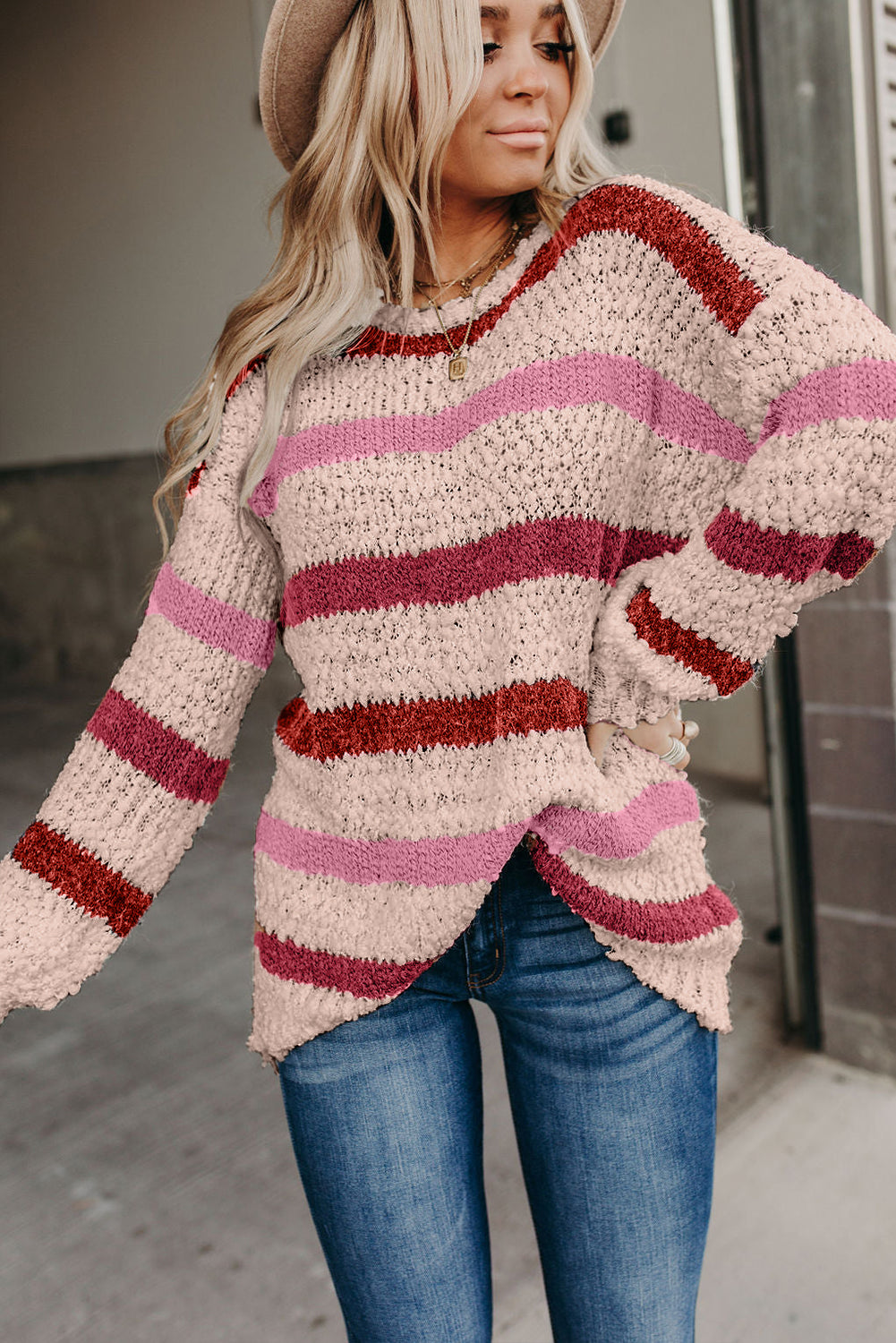 Popcorn Multicolor Striped Drop Shoulder Sweater