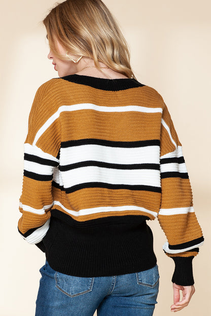 Bold Stripes Meet Comfort: Brown Colorblock V-Neck Sweater