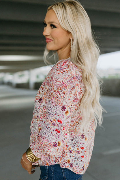 Red Boho Paisley Print Shirred Cuffs Blouse