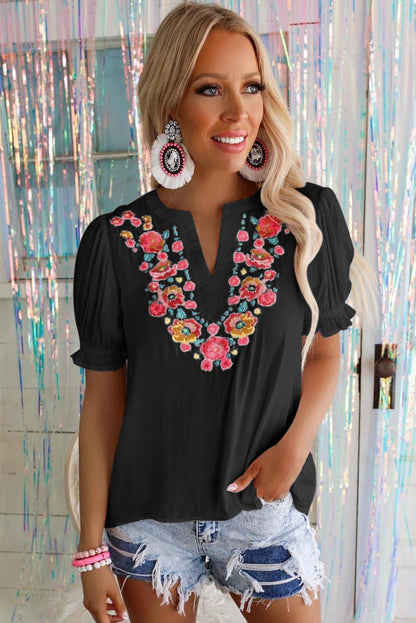 Black Floral Embroidered Boho Ruffle Puff Sleeve Blouse