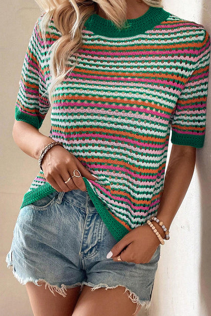 Dark Green Striped Pattern Hollow Out Knit T Shirt