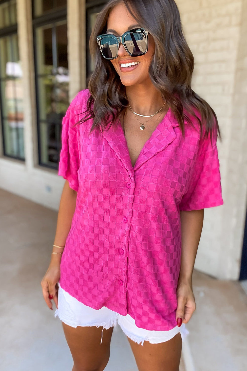 Bright Pink Lapel Neck Checkered Textured Shirt