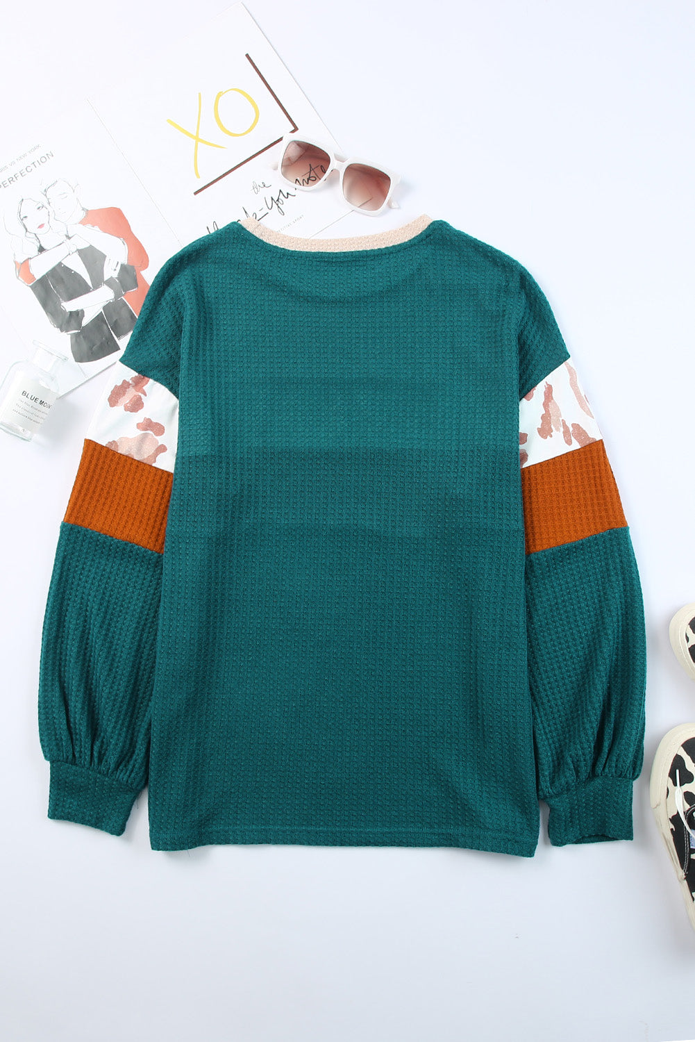 Green Leopard Color Block Casual Waffle Knit Top