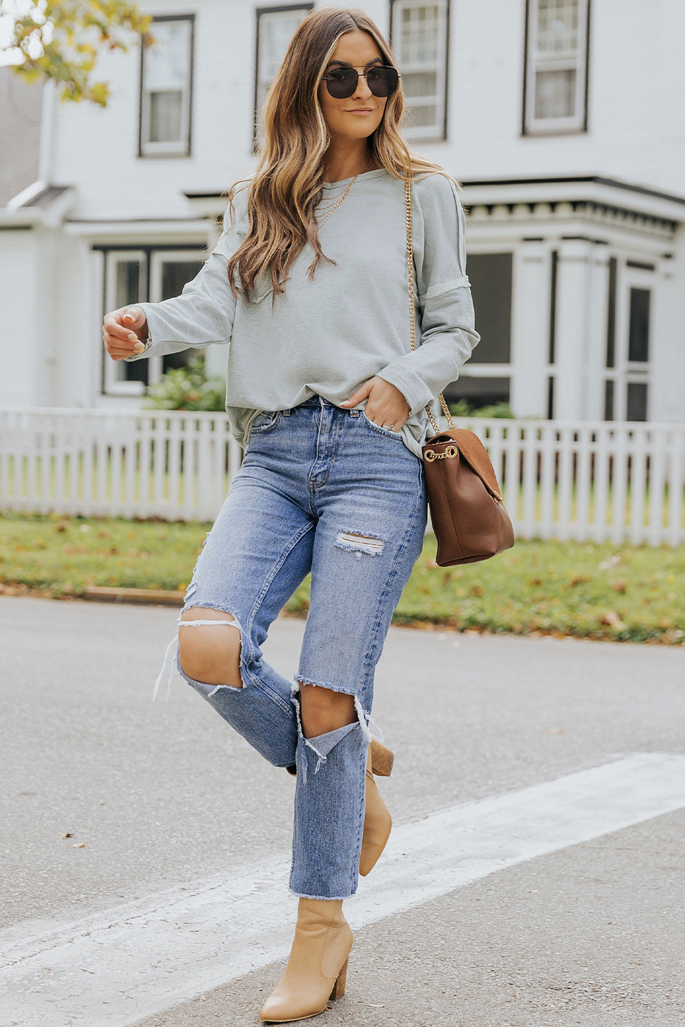 Grey V Neck Exposed Seam Drop Shoulder Long Sleeve Top