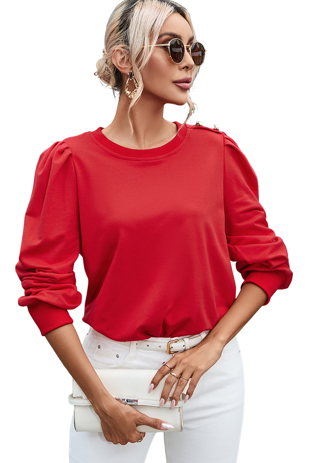 Rose Tan Button Detail Ruched Long Sleeve Top