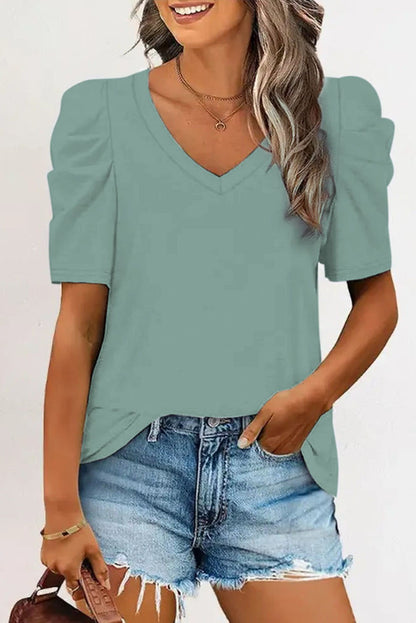 White Puff Sleeve Casual V Neck T-Shirt