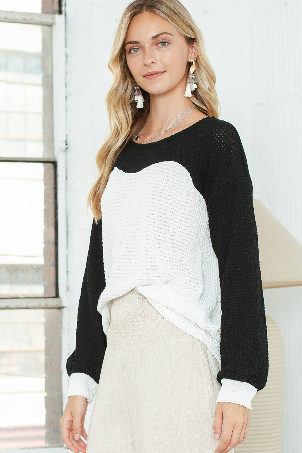Black & White Color Block Waffle Knit Pullover
