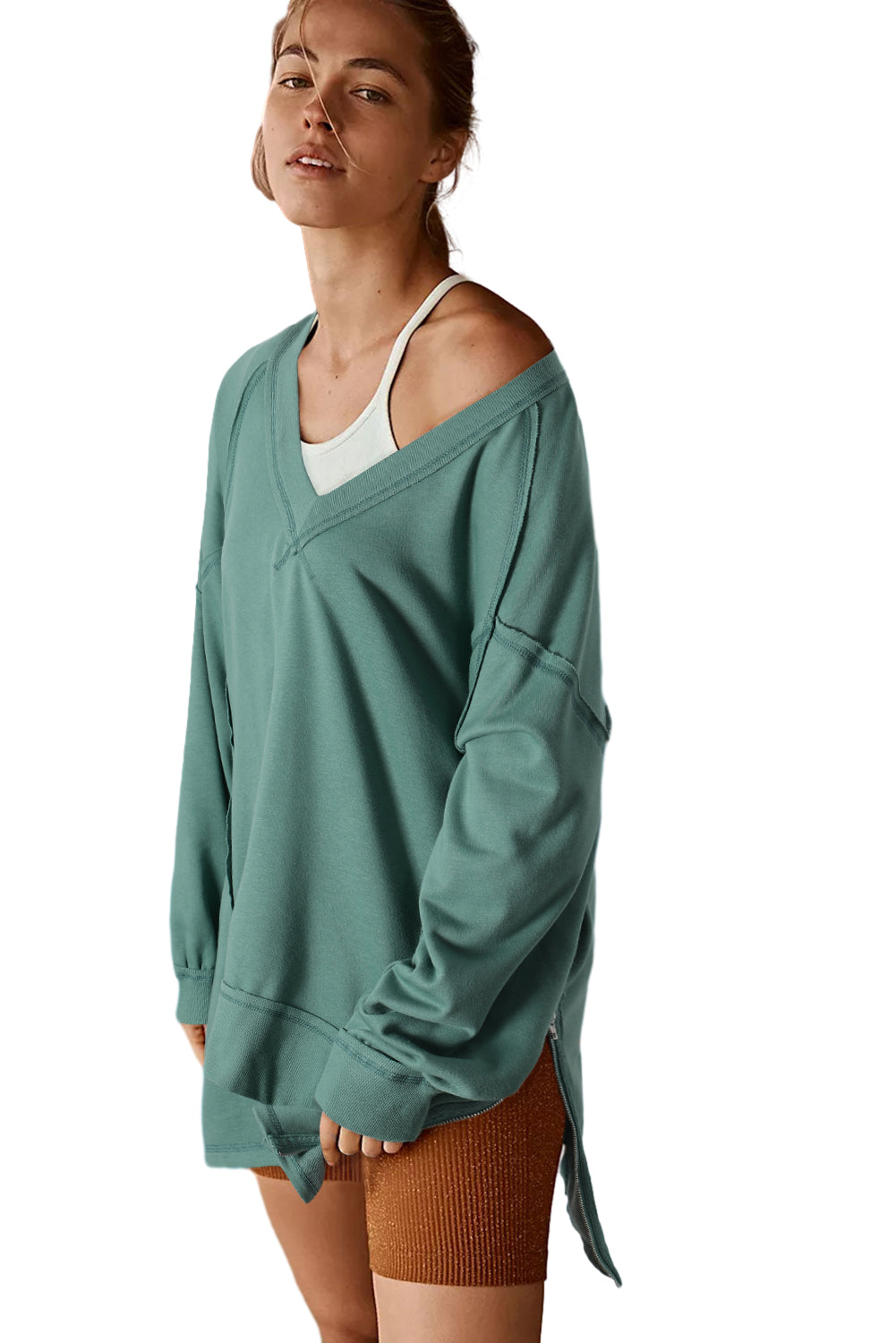 Green Stitching Seam Split V Neck Sweatshirt