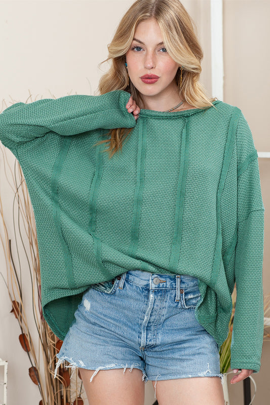 Green Exposed Seam Waffle Knit Loose Top